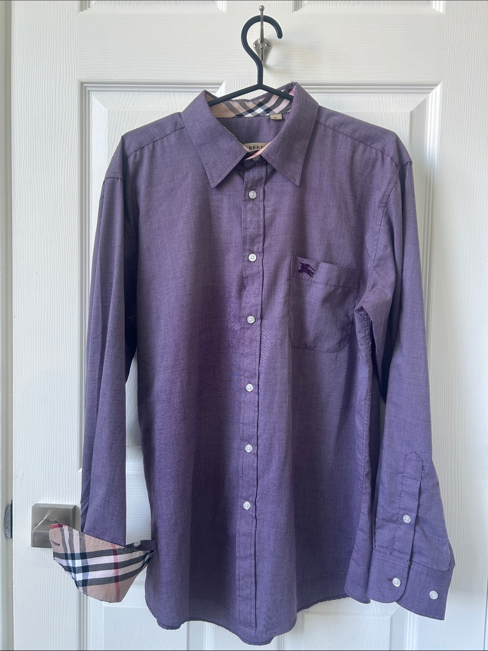 Burberry Purple Long-Sleeve Button-Down Shirt with Check Trim